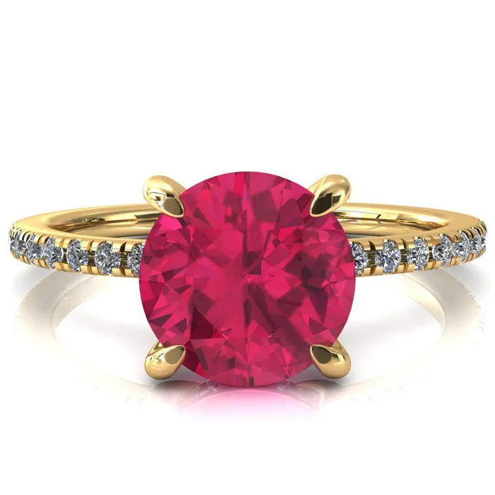 Mayeli Round Ruby 4 Claw Prong Micro Pave Diamond Sides Engagement Ring Fire Brilliance Rings