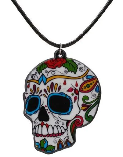 N1302 Colorful Sugar Skull on Leather Cord Necklace with FREE Earrings 02 Necklaces N1302 Colorful Sugar Skull on Leather Cord Necklace with FREE Earrings 02 Necklaces