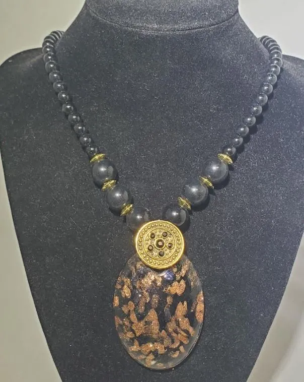 Necklaces polly N1968 Black Bead Decorated Oval Glass Long Necklace With Free Earrings Necklaces polly N1968 Black Bead Decorated Oval Glass Long Necklace With Free Earrings