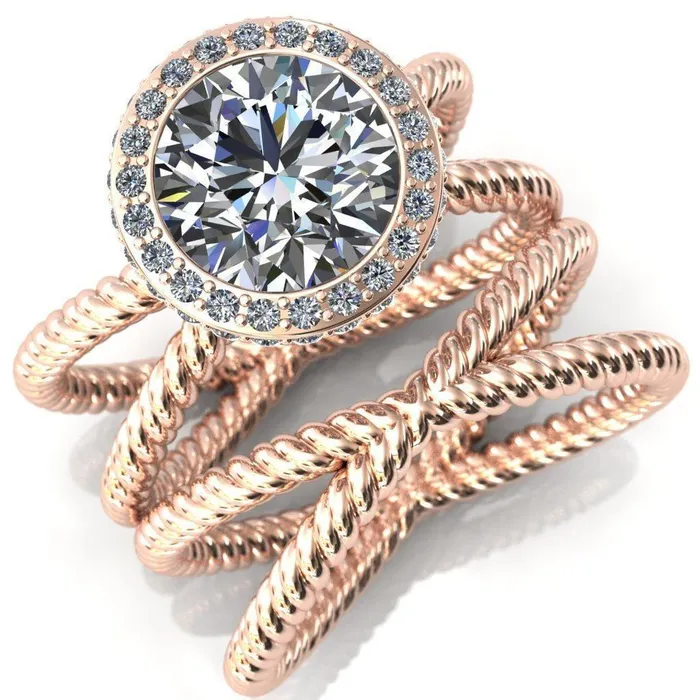 Rings Fire Brilliance Luna Round Center Stone Filigree Basket Diamond Halo and Collar Double Rope Ring Rings Fire Brilliance Luna Round Center Stone Filigree Basket Diamond Halo and Collar Double Rope Ring