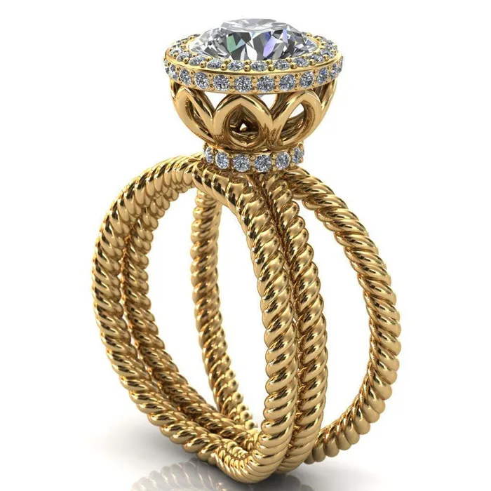 Rings Fire Brilliance Luna Round Center Stone Filigree Basket Diamond Halo and Collar Double Rope Ring