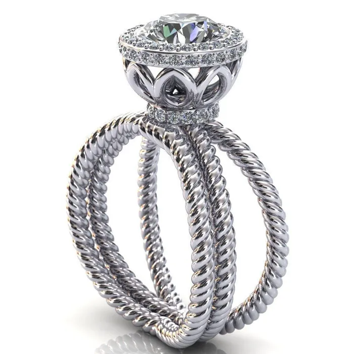 Rings Fire Brilliance Luna Round Center Stone Filigree Basket Diamond Halo and Collar Double Rope Ring