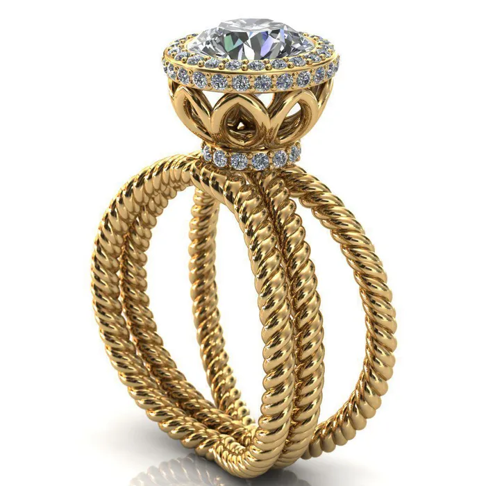 Rings Fire Brilliance Luna Round Center Stone Filigree Basket Diamond Halo and Collar Double Rope Ring