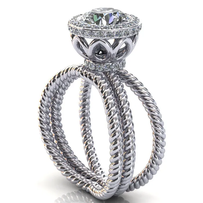 Rings Fire Brilliance Luna Round Center Stone Filigree Basket Diamond Halo and Collar Double Rope Ring