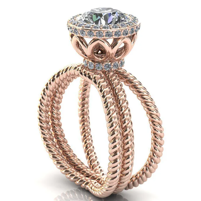 Rings Fire Brilliance Luna Round Center Stone Filigree Basket Diamond Halo and Collar Double Rope Ring