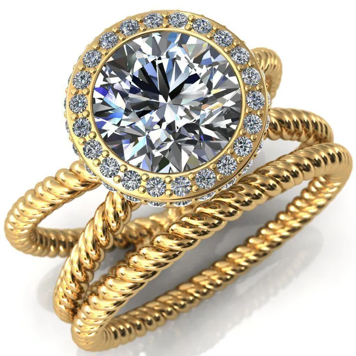 Rings Fire Brilliance Luna Round Center Stone Filigree Basket Diamond Halo and Collar Double Rope Ring