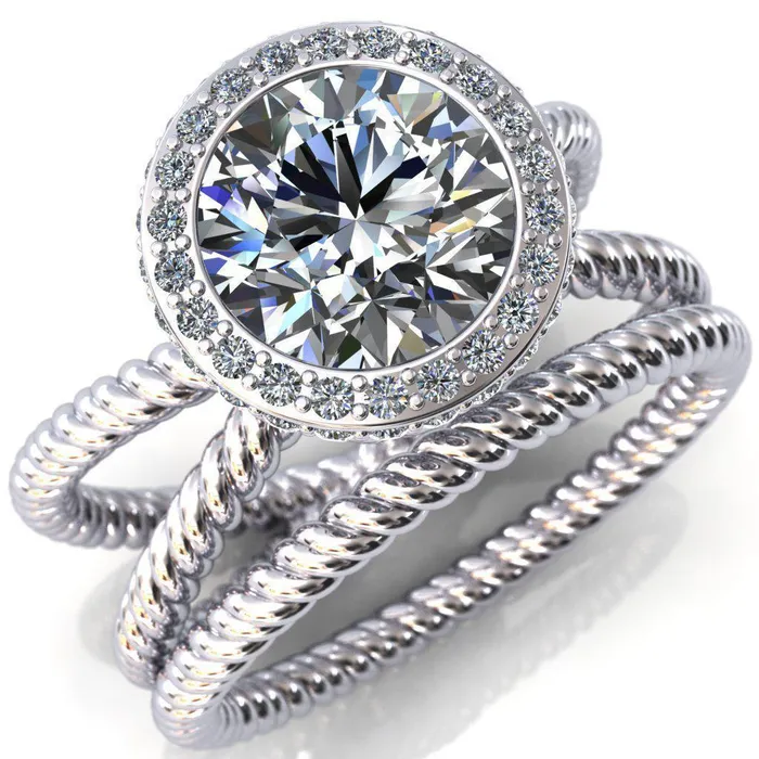 Rings Fire Brilliance Luna Round Center Stone Filigree Basket Diamond Halo and Collar Double Rope Ring