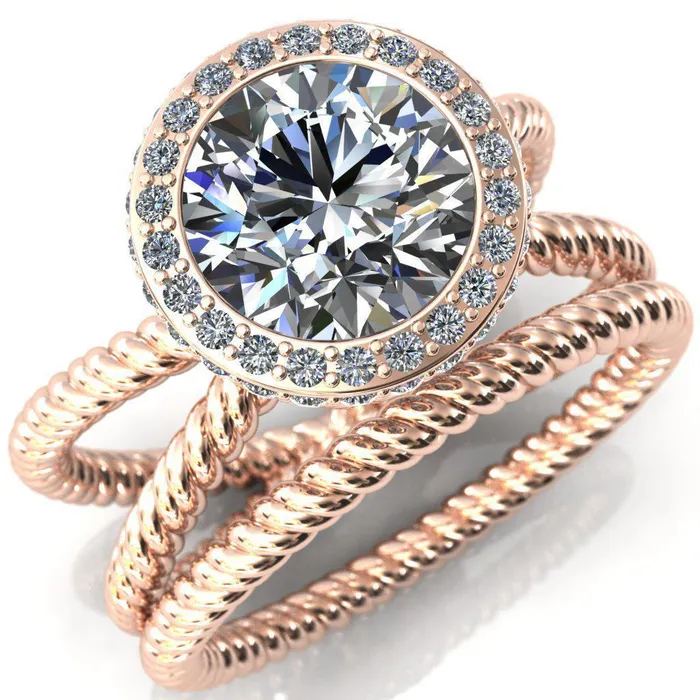Rings Fire Brilliance Luna Round Center Stone Filigree Basket Diamond Halo and Collar Double Rope Ring