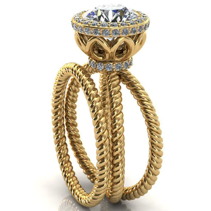 Rings Fire Brilliance Luna Round Center Stone Filigree Basket Diamond Halo and Collar Double Rope Ring