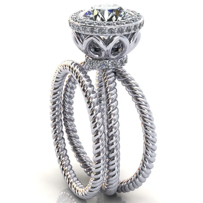 Rings Fire Brilliance Luna Round Center Stone Filigree Basket Diamond Halo and Collar Double Rope Ring