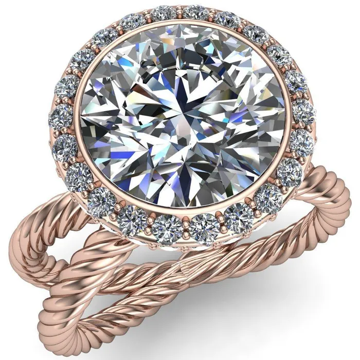 Rings Fire Brilliance Luna Round Center Stone Filigree Basket Diamond Halo and Collar Double Rope Ring
