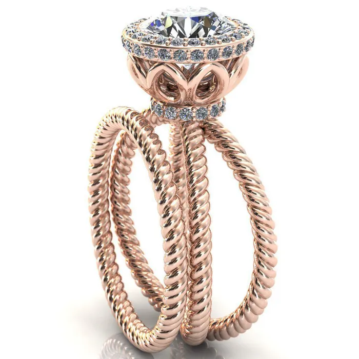 Rings Fire Brilliance Luna Round Center Stone Filigree Basket Diamond Halo and Collar Double Rope Ring