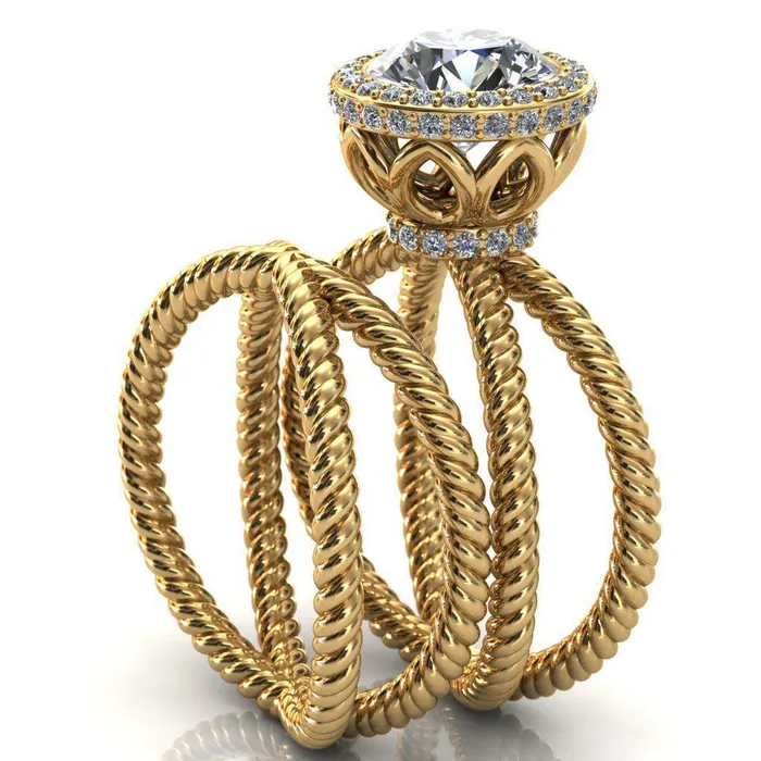 Rings Fire Brilliance Luna Round Center Stone Filigree Basket Diamond Halo and Collar Double Rope Ring