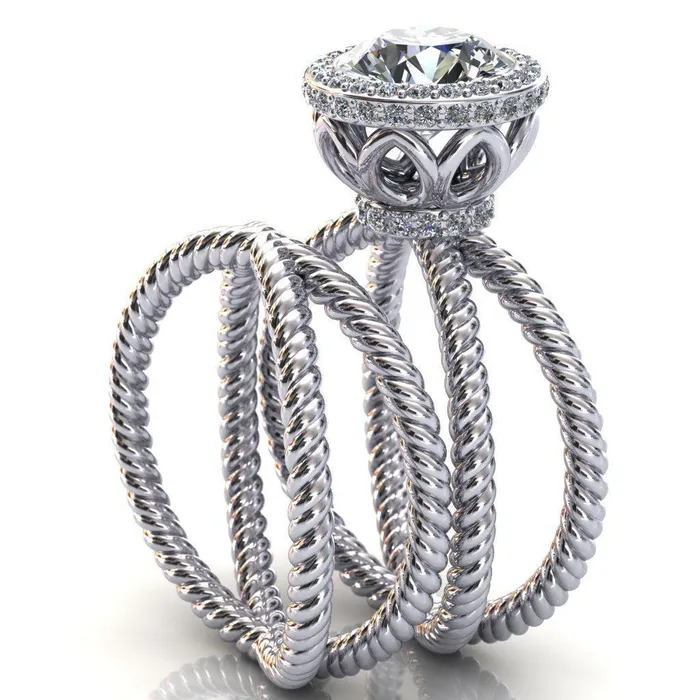 Rings Fire Brilliance Luna Round Center Stone Filigree Basket Diamond Halo and Collar Double Rope Ring