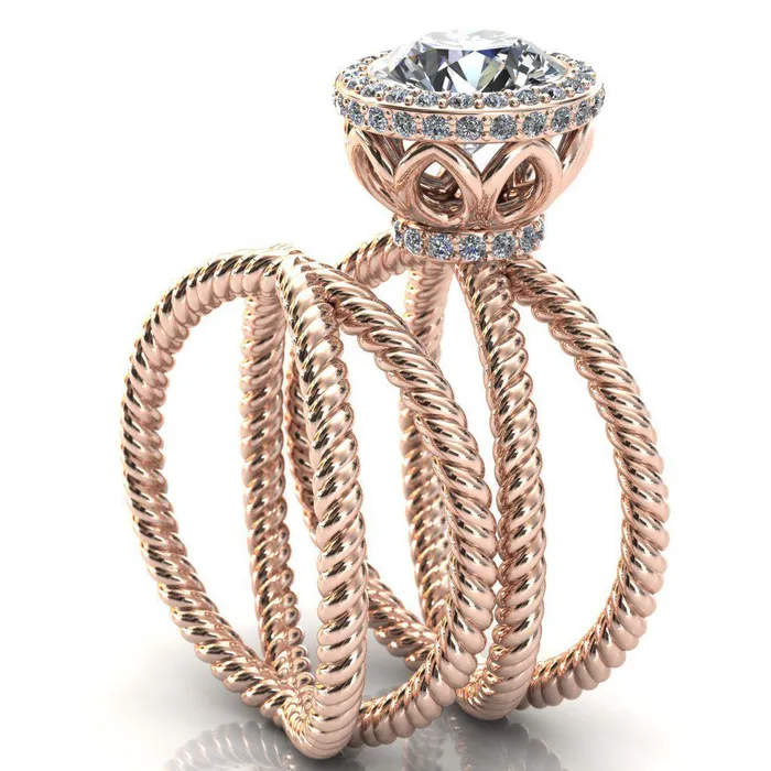 Rings Fire Brilliance Luna Round Center Stone Filigree Basket Diamond Halo and Collar Double Rope Ring