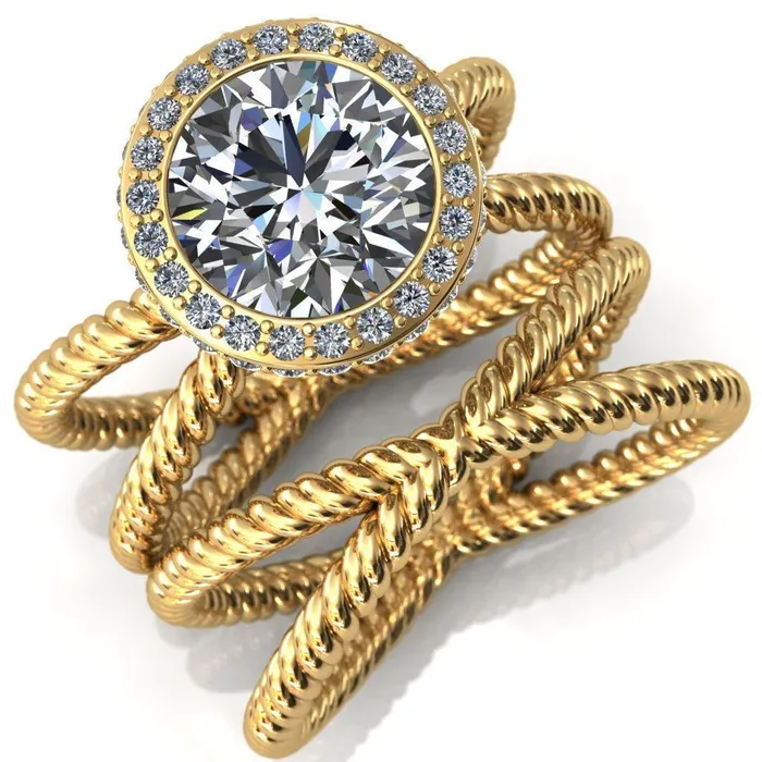 Rings Fire Brilliance Luna Round Center Stone Filigree Basket Diamond Halo and Collar Double Rope Ring