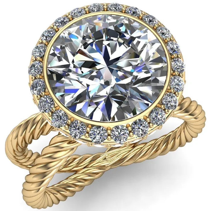 Rings Fire Brilliance Luna Round Center Stone Filigree Basket Diamond Halo and Collar Double Rope Ring