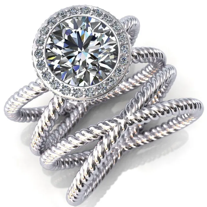 Rings Fire Brilliance Luna Round Center Stone Filigree Basket Diamond Halo and Collar Double Rope Ring