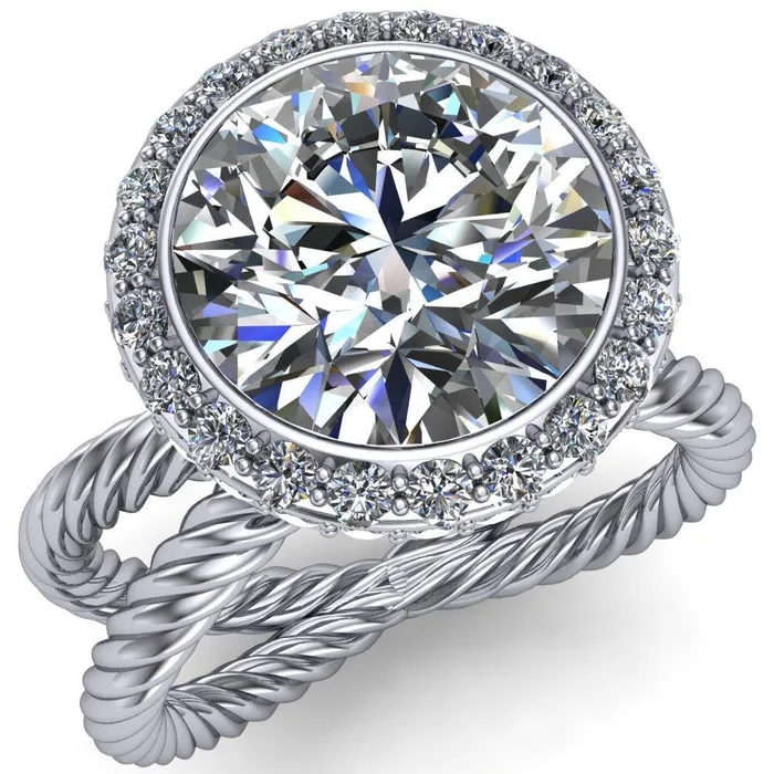 Rings Fire Brilliance Luna Round Center Stone Filigree Basket Diamond Halo and Collar Double Rope Ring