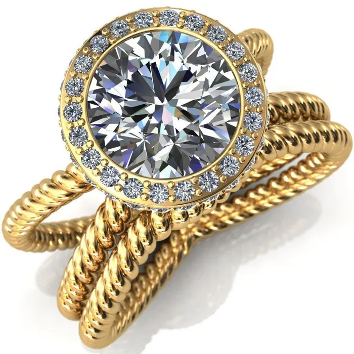 Rings Fire Brilliance Luna Round Center Stone Filigree Basket Diamond Halo and Collar Double Rope Ring