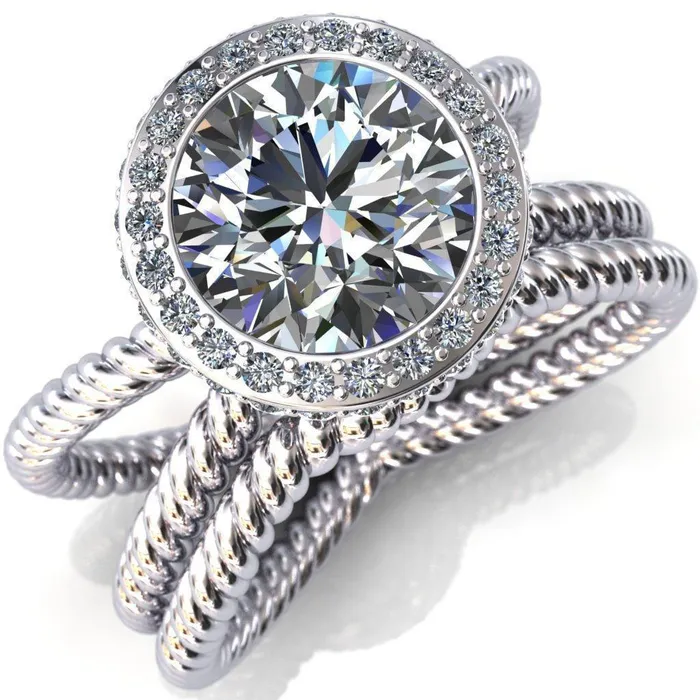 Rings Fire Brilliance Luna Round Center Stone Filigree Basket Diamond Halo and Collar Double Rope Ring