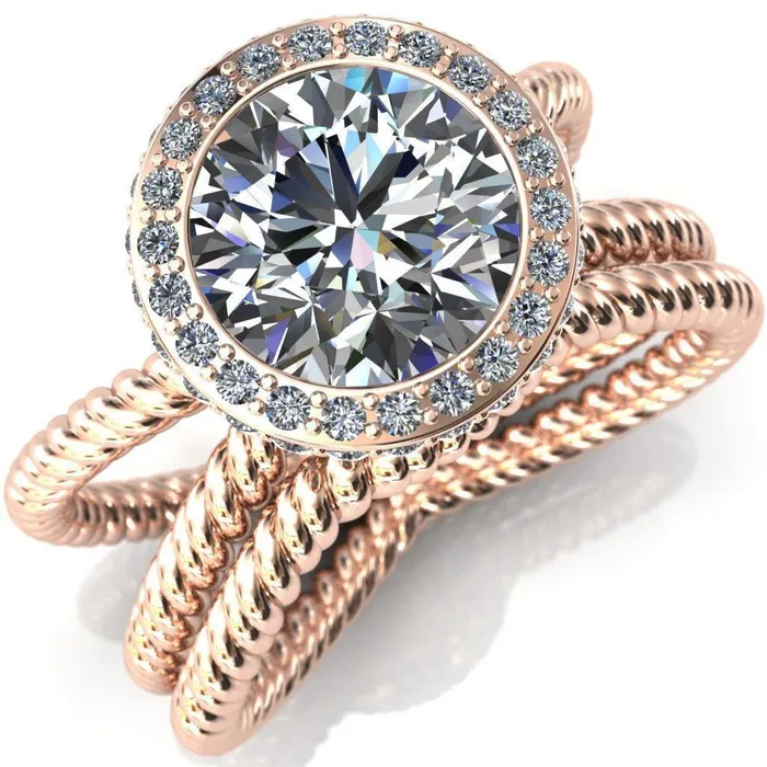 Rings Fire Brilliance Luna Round Center Stone Filigree Basket Diamond Halo and Collar Double Rope Ring