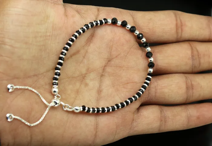 TRIBAL ORNAMENTS Bracelets Stylish 925 sterling silver beaded with black onyx stone handmade charm adjustable bracelet Nazariya charm jewelry for girls sbr181 TRIBAL ORNAMENTS Bracelets Stylish 925 sterling silver beaded with black onyx stone handmade charm adjustable bracelet Nazariya charm jewelry for girls sbr181