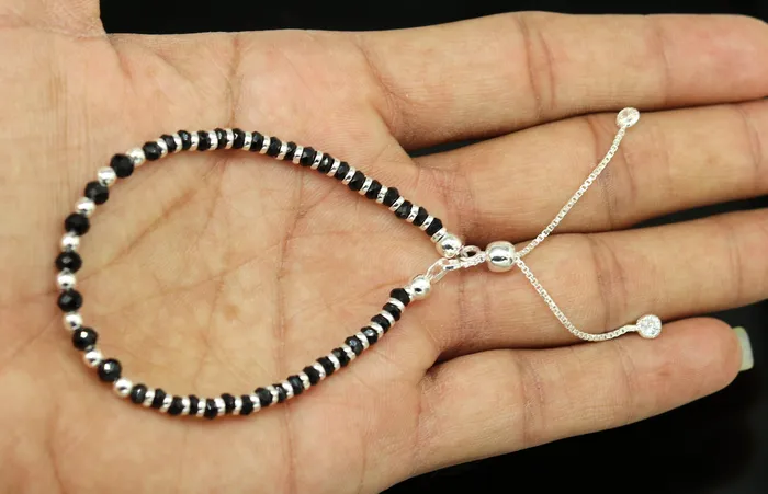 TRIBAL ORNAMENTS Bracelets Stylish 925 sterling silver beaded with black onyx stone handmade charm adjustable bracelet Nazariya charm jewelry for girls sbr181 TRIBAL ORNAMENTS Bracelets Stylish 925 sterling silver beaded with black onyx stone handmade charm adjustable bracelet Nazariya charm jewelry for girls sbr181