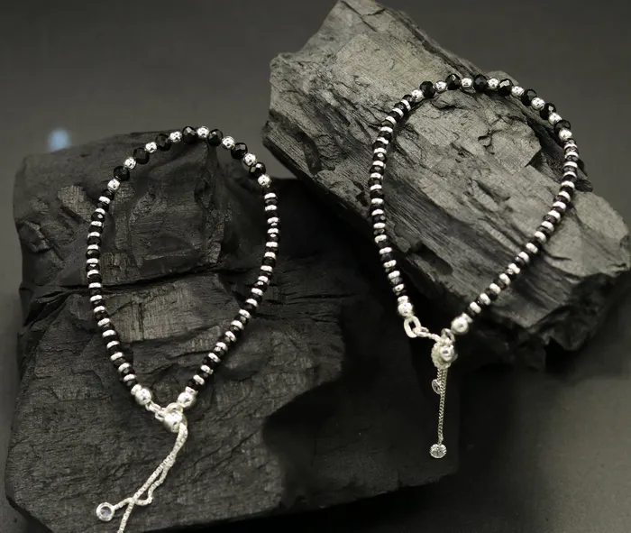 TRIBAL ORNAMENTS Bracelets Stylish 925 sterling silver beaded with black onyx stone handmade charm adjustable bracelet Nazariya charm jewelry for girls sbr181 TRIBAL ORNAMENTS Bracelets Stylish 925 sterling silver beaded with black onyx stone handmade charm adjustable bracelet Nazariya charm jewelry for girls sbr181