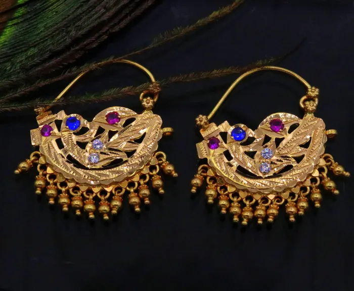 vintage antique handmade 22karat yellow gold solid tribal style hanging bells earrings hoops india jewelry TRIBAL ORNAMENTS Earrings