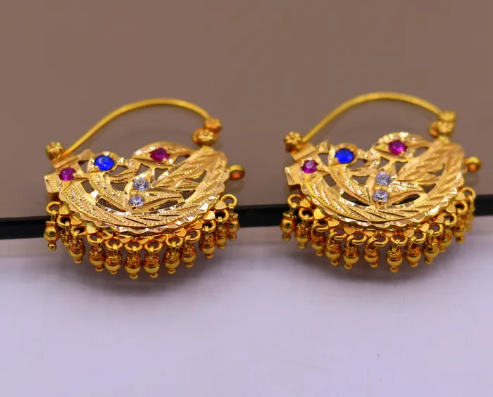vintage antique handmade 22karat yellow gold solid tribal style hanging bells earrings hoops india jewelry TRIBAL ORNAMENTS Earrings