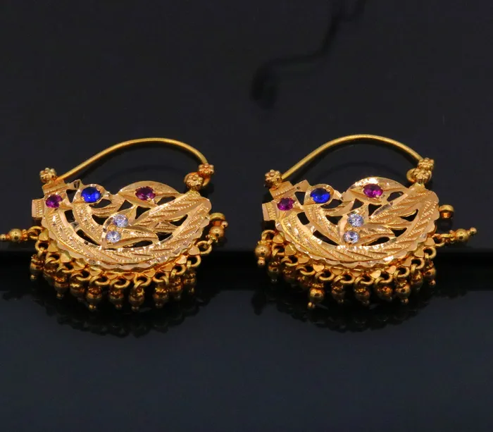 vintage antique handmade 22karat yellow gold solid tribal style hanging bells earrings hoops india jewelry TRIBAL ORNAMENTS Earrings