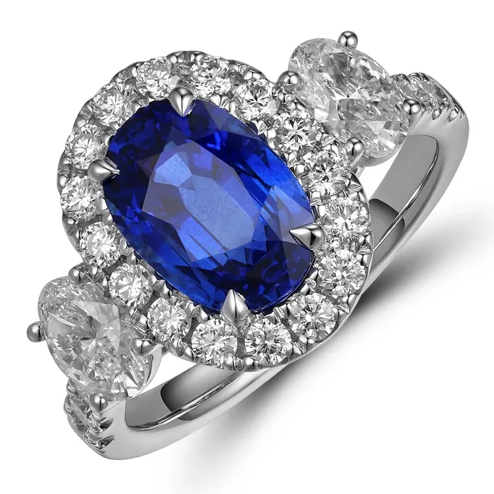 18K White Gold Oval Sapphire and Diamond Halo Ring with Oval Diamond Sides Meierotto Jewelers Rings 18K White Gold Oval Sapphire and Diamond Halo Ring with Oval Diamond Sides Meierotto Jewelers Rings