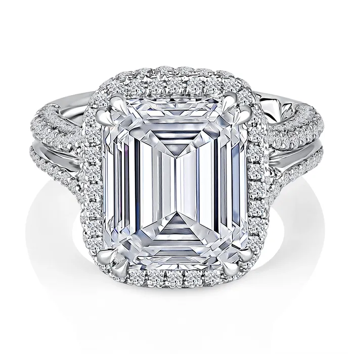 A Jaffe 14K White Gold Wide Semi Mount Emerald Cut Ring with Diamond Halo and Diamonds on Three Sides of Split Shank A Jaffe Rings A Jaffe 14K White Gold Wide Semi Mount Emerald Cut Ring with Diamond Halo and Diamonds on Three Sides of Split Shank A Jaffe Rings