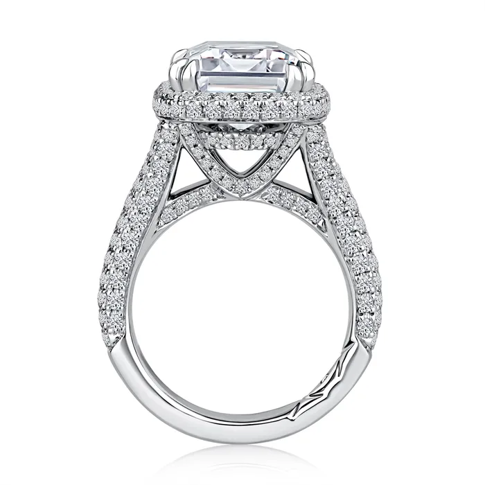 A Jaffe 14K White Gold Wide Semi Mount Emerald Cut Ring with Diamond Halo and Diamonds on Three Sides of Split Shank A Jaffe Rings A Jaffe 14K White Gold Wide Semi Mount Emerald Cut Ring with Diamond Halo and Diamonds on Three Sides of Split Shank A Jaffe Rings
