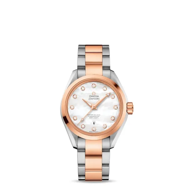Bracelets Omega Omega Seamaster 34mm Watch Ref 23120342055001 White Mother of Pearl Diamond Index Dial Two Tone Stainless Steel 18K Rose Gold Bracelet