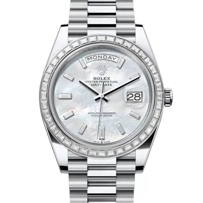 Bracelets Rolex 2024 Release Rolex Day Date 40mm Ref 228396TBR0043 White Mother of Pearl Dial Diamond Bezel Platinum President Bracelet Mens Watch