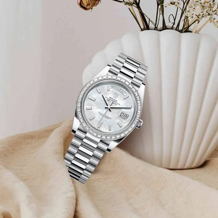 Bracelets Rolex 2024 Release Rolex Day Date 40mm Ref 228396TBR0043 White Mother of Pearl Dial Diamond Bezel Platinum President Bracelet Mens Watch