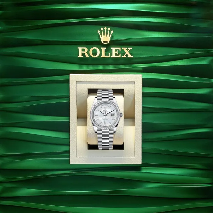 Bracelets Rolex 2024 Release Rolex Day Date 40mm Ref 228396TBR0043 White Mother of Pearl Dial Diamond Bezel Platinum President Bracelet Mens Watch