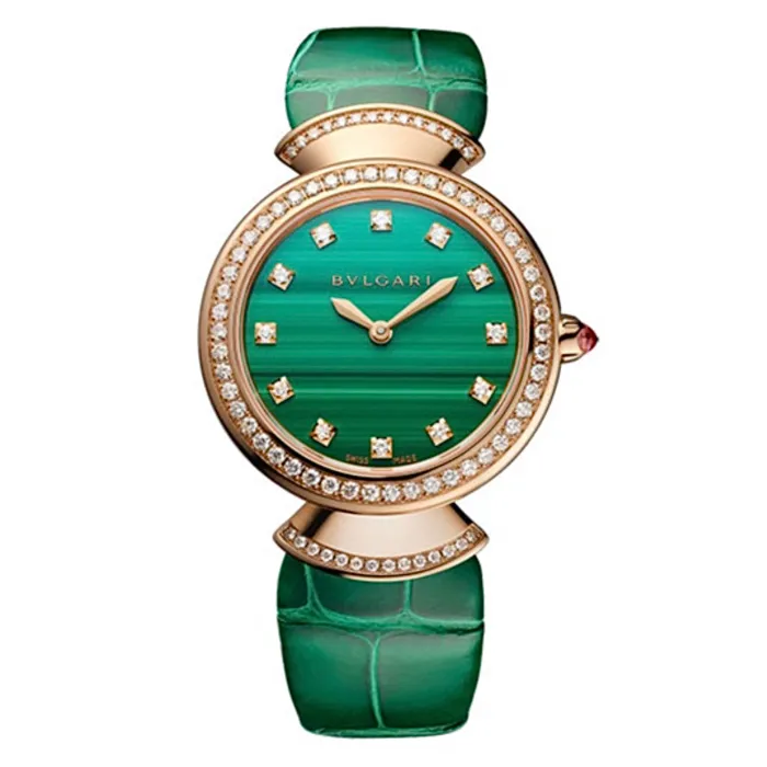 Bulgari Bulgari Divas Dream 30mm Watch Ref 103119 Malachite Diamond Index Dial in 18K Rose Gold Case Diamond Bezel Green Alligator Leather Watches Bulgari Bulgari Divas Dream 30mm Watch Ref 103119 Malachite Diamond Index Dial in 18K Rose Gold Case Diamond Bezel Green Alligator Leather Watches