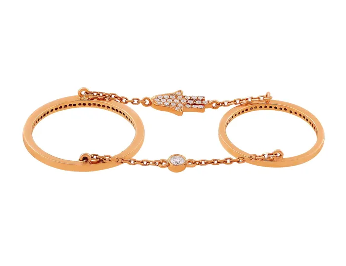 CJ Charles Jewelers Rings Rose Gold Diamond Hamsa Double Ring with Chain CJ Charles Jewelers Rings Rose Gold Diamond Hamsa Double Ring with Chain
