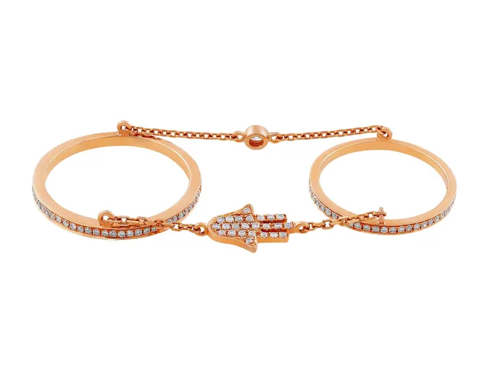 CJ Charles Jewelers Rings Rose Gold Diamond Hamsa Double Ring with Chain