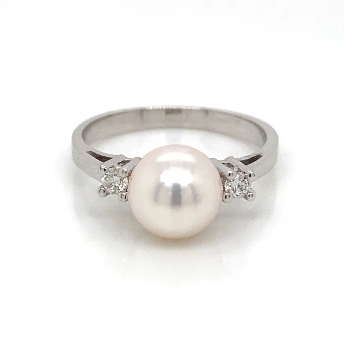 Croghans 8mm Cultured Pearl Diamond 14K White Gold Ring Rings