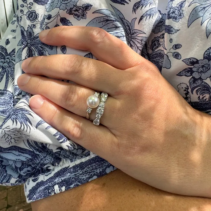 Croghans 8mm Cultured Pearl Diamond 14K White Gold Ring Rings