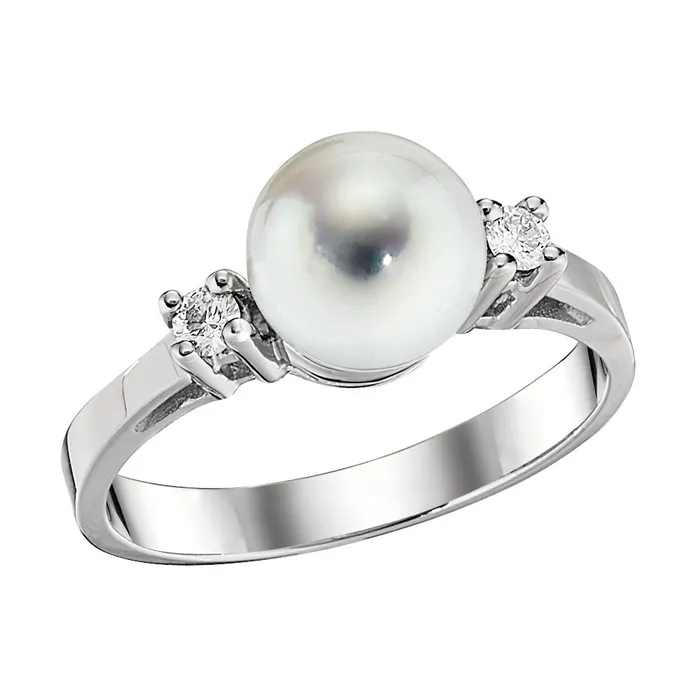 Croghans 8mm Cultured Pearl Diamond 14K White Gold Ring Rings