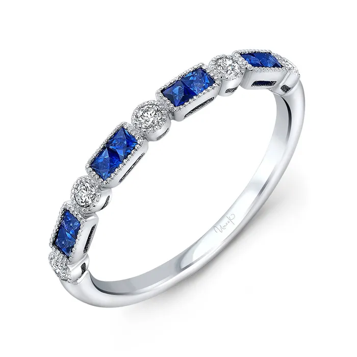 Croghans Rings Sapphire Diamond Milgrain 14K White Gold Halfway Band