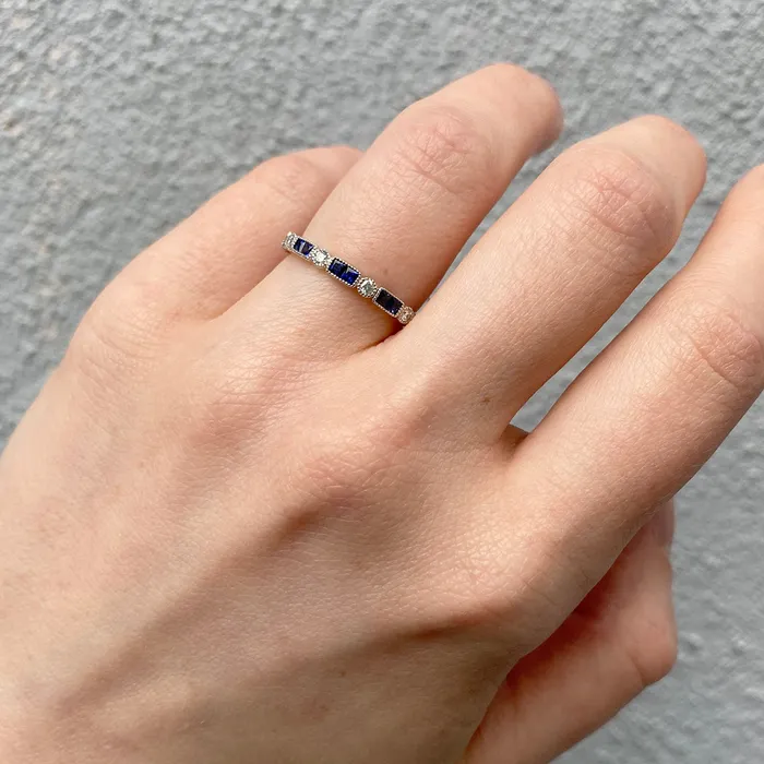 Croghans Rings Sapphire Diamond Milgrain 14K White Gold Halfway Band