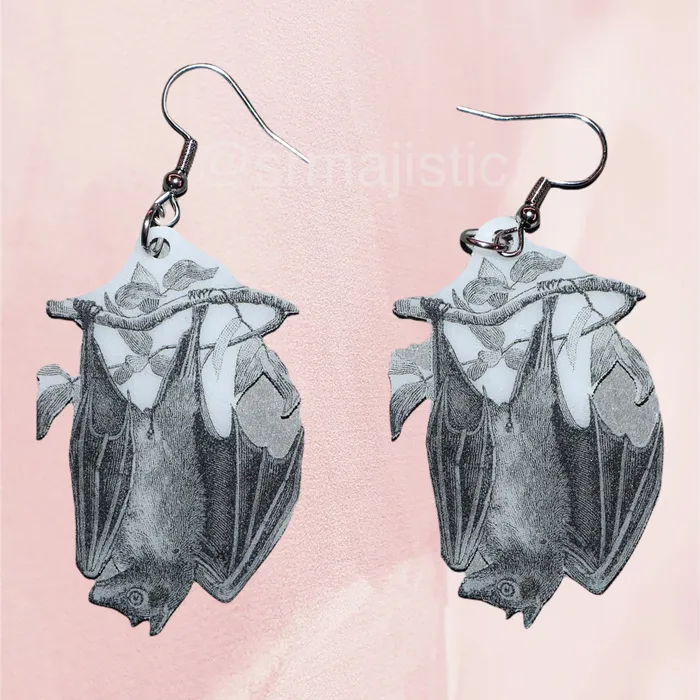 Detailed Bat Sketch 2D Handmade Earrings Sam Makes Things Earrings