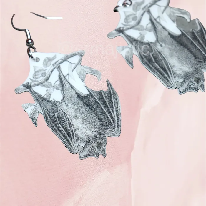 Detailed Bat Sketch 2D Handmade Earrings Sam Makes Things Earrings