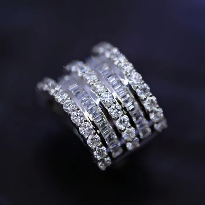 Diamond Source NYC Rings Natural Round Brilliant Baguette 5 Row Cocktail Diamond Ring Set in 14K White Gold 865ct tw